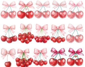 Kirsche mit Schleife PNG Bundle, süße Kirsche Clipart, Girly Ästhetik PNG, Retro Kirsche Sublimationsdateien, rosa Schleife PNG, digitaler Download