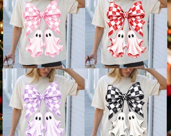 Cute Ghost Checkered Bow PNG Design, Halloween Ghost Bow Tee PNG, Girly Halloween T-Shirt PNG, Preppy Halloween Design, Trendy Ghost Tee Png