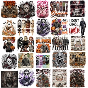 May include: A collection of twenty-five graphic designs featuring horror movie characters, pumpkins, ghosts, and text such as Spooky Season, Halloween, and Terror in the Patch. The illustrations include various iconic villains, skulls, and seasonal motifs.