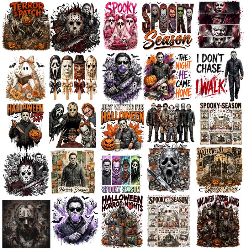 May include: A collection of twenty-five graphic designs featuring horror movie characters, pumpkins, ghosts, and text such as Spooky Season, Halloween, and Terror in the Patch. The illustrations include various iconic villains, skulls, and seasonal motifs.