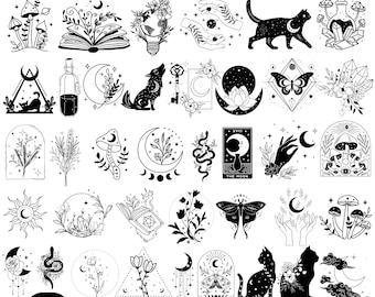 Mystical SVG Bundle, Witchy Clipart, Moon Phases, Tarot, Cat, Boho Magic, Celestial Cricut Silhouette Cut Files, Digital Download