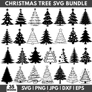 Puede incluir: Una colección de 35 diseños de árboles de Navidad en blanco y negro. Los diseños incluyen varios estilos, desde siluetas simples hasta ilustraciones detalladas con estrellas y adornos. El texto incluye "CHRISTMAS TREE SVG BUNDLE", "Merry Christmas" y opciones de tipo de archivo.