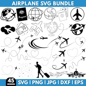 Puede incluir: Paquete SVG de aviones en blanco y negro con 45 diseños. Incluye ilustraciones de aviones, globos terráqueos, pasaportes, billetes y rutas de viaje. El texto "AIRPLANE SVG BUNDLE" y la información del tipo de archivo están presentes.