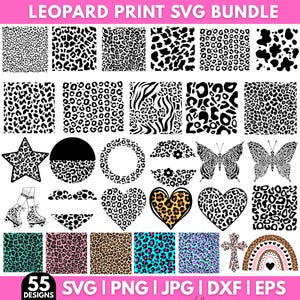 Könnte beinhalten: Eine Sammlung von 55 Leopardenmuster-Designs in verschiedenen Mustern und Formen. Die Designs umfassen Tiermuster, Herzen, Schmetterlinge und Rollschuhe. Die Designs sind in den Formaten SVG, PNG, JPG, DXF und EPS verfügbar.