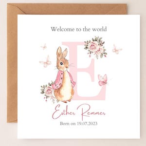 Personalised Bunny Rabbit New Baby Card, Personalised New Baby Girl Greeting Card ,Baby&#39;s Name Initial Card, Bunny Rabbit Card RD18