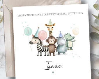 Personalised First Birthday Card Safari Animals Party| 1st birthday Animals card | Birthday Card for Boy |1st Birthday Card for Son, Any Age