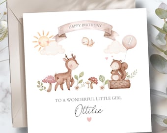 Biglietto di auguri personalizzato per il primo compleanno con animali del bosco / Biglietto di auguri per il primo compleanno con animali / Biglietto di auguri per il primo compleanno di un bambino / Biglietto di auguri per il primo compleanno di una figlia o di un figlio