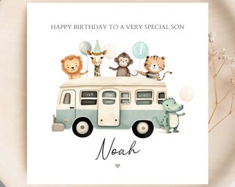 Biglietto di auguri personalizzato per il primo compleanno con animali da safari in autobus / Biglietto di auguri per il primo compleanno con animali / Biglietto di auguri per il primo compleanno di un bambino / Biglietto di auguri per il primo compleanno di un figlio, per qualsiasi età