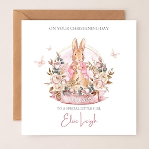 Personalised Rabbit Flopsy Bunny Girl Christening Card, Baptism Card, Personalised Baby Girl Greeting Card, Bunny Rabbit Card