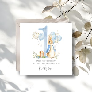 Biglietto di auguri di compleanno personalizzato Flopsy Bunny Rabbit, biglietto di auguri per il primo compleanno di Peter Rabbit per bambino o bambina, figlia, nipote, qualsiasi parente