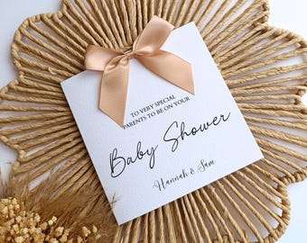 Biglietto personalizzato per baby shower, biglietto neutro con fiocco per neo-genitori, biglietto di lusso per baby shower con calligrafia per nipote, nipote, nastro fatto a mano