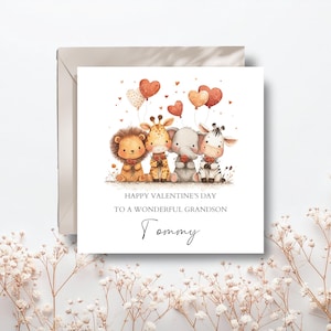 パーソナライズされたサファリバレンタインデーカード、サファリ動物のバレンタインカード（男の子、女の子、孫、娘、姪、息子、動物好きの方向け）