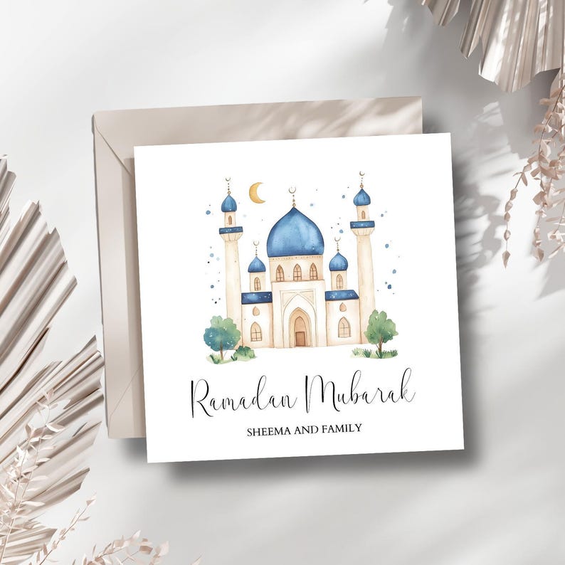 Gepersonaliseerde Ramadan Mubarak-kaart, Ramadan-kaart voor familie, Eid-kaart, Islamitische kaarten, Eid-cadeau, ontwerp met blauwe moskee afbeelding 2