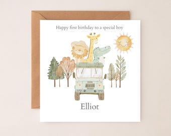 Personalised First Birthday Card Safari Jeep Animals | 1st birthday Animals card | First Birthday Card for Boy |1st Birthday Card for Son