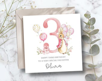 Personalised Peter Rabbit 3rd Birthday Card, Flopsy Bunny 3rd Birthday Card for Boy or Girl  ,Daughter, Grandson, Any Relation, Blue or Pink