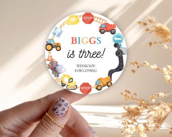 Bouwthema feeststickers, Graafmachine verjaardagsfeestzakjes, Snoepzakjeslabels, Snoephoorntjesstickers, Bedankkaartjes voor een jongen met tractorthema voor zijn verjaardag