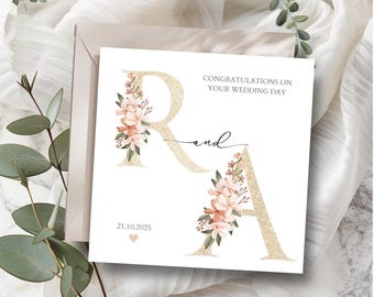 Tarjeta de boda personalizada para el Sr. y la Sra., Tarjeta para los recién casados, Tarjeta con iniciales de boda, Tarjeta de boda neutra, Tarjeta de boda dorada y floral