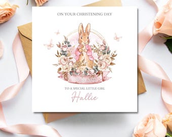 Carte de baptême personnalisée pour fille, motif lapin Flopsy, carte de vœux personnalisée pour bébé fille, carte lapin
