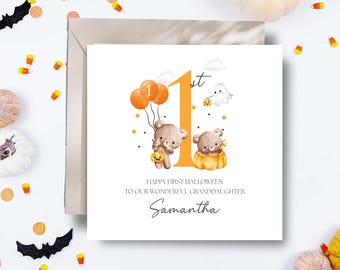 Personalised 1st Halloween Card, First Halloween Bear Pumpkin Card for Girl & Boy, Personalised Halloween Card Son, Daughter, Any Relation