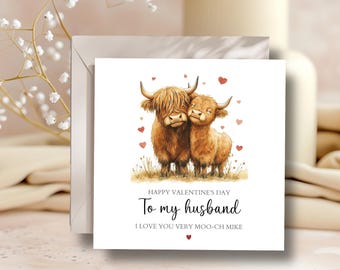 Tarjeta de San Valentín personalizada con diseño de vaca de las Tierras Altas, ideal para parejas, marido, novia, esposa, novio o cualquier relación.