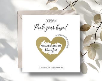 Birthday Pack Your Bags Scratch Card, Surprise Holiday Reveal Card, Gold Birthday Gift Card for Her or Him, Scratch Off Reveal