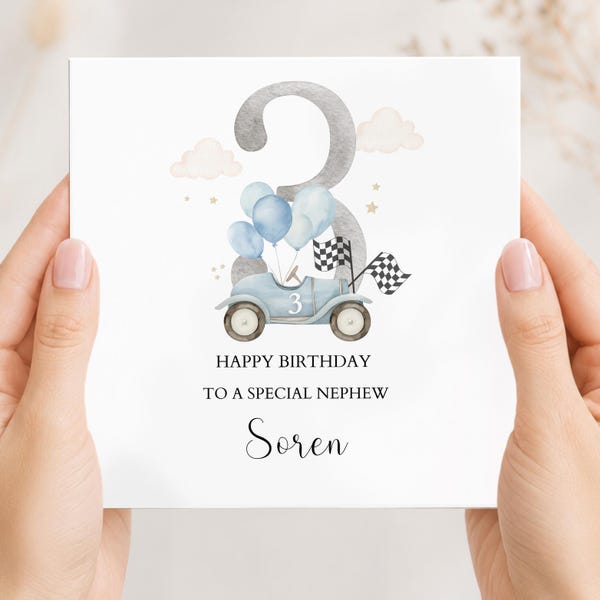 Tarjeta de cumpleaños personalizada con diseño de coche de carreras para el tercer cumpleaños / Tarjeta de cumpleaños azul para niño para el tercer cumpleaños / Tarjeta de cumpleaños para el primer, segundo y tercer cumpleaños para hijo, nieto, sobrino o cualquier pariente.