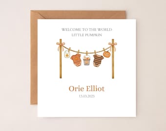Gepersonaliseerde herfstkaart voor een pasgeboren baby | Halloweenkaart 'Welkom in de wereld' | Kaartje met een pompoentje voor kleindochter (voor elke relatie)