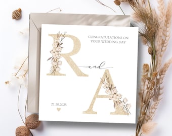 Tarjeta de boda personalizada para el Sr. y la Sra., Tarjeta para los recién casados, Tarjeta con iniciales de boda, Tarjeta de boda neutra, Tarjeta de boda dorada y floral