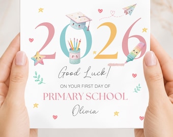 Tarjeta personalizada para el primer día de clases, tarjeta para la escuela primaria, primer día de clases para hija, nieta o sobrina, tarjeta con diseño de arcoíris en tonos pastel.