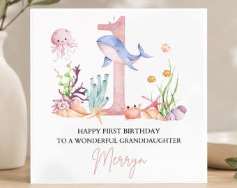 Personalised First Birthday Card Under the Sea Animals| Child birthday Ocean card| Sea Life 1st,2nd,3rd Birthday Card for Girl,Granddaughter
