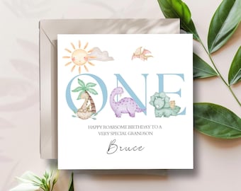 Personalised First Birthday Card Dinosaurs | Blue Birthday Dino Card | One Birthday Card for Boy |Birthday Card for Son, Grandson, Nephew
