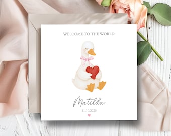 Personalised New Baby Goose Card - Blue Or Pink Welcome to the World Card - Heart Goose New Baby Card for Girl Or Boy-New Granddaughter Card