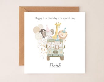 Personalised First Birthday Card Safari Jeep Animals | 1st birthday Animals card | First Birthday Card for Boy |1st Birthday Card for Son