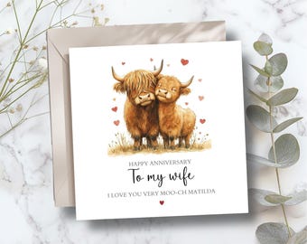 Tarjeta de aniversario personalizada para esposa de vaca de las Tierras Altas, tarjeta de aniversario personalizada para pareja para esposo, novia, esposa, prometido o cualquier relación.