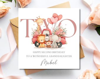 Personalised Second Birthday Card Safari Animals | Pink Heart 2nd birthday Animal Truck card | Birthday Card for Girl, Granddaughter, Niece