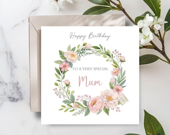 Personalised Mom Birthday Card -Floral Wreath Birthday Mum Card -Elegant Mum Birthday Card for her Mother- Flower Design Mother Card
