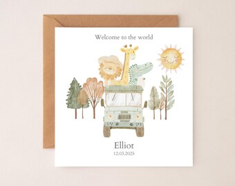 Personalised Safari New Baby Card - Neutral Welcome to the World Card - Safari Jeep Animal Baby Card- Personalised Newborn Card