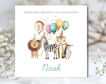 Personalised First Birthday Card Safari Animals | 1st birthday Animals card | First Birthday Card for Boy |1st Birthday Card for Son