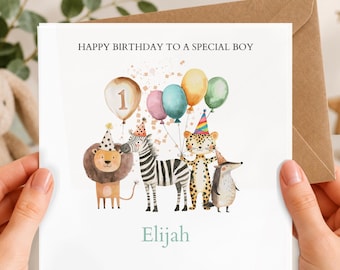 Personalised Grandson First Birthday Card Safari Animals | 1st birthday Animals card | First Birthday Card for Boy RD54