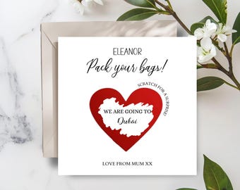 Birthday Pack Your Bags Scratch Card, Surprise Holiday Reveal Card, Red Gold Birthday Gift Card for Her or Him, Scratch Off Reveal