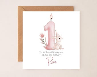 Personalised First Birthday Bunny Card| 1st birthday Pink Bunny card | First Birthday Card for Girl |1st Birthday Card for Daughter RD61