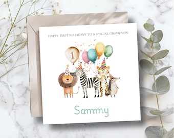 Biglietto di auguri personalizzato per il primo compleanno del nipote con animali del safari / Biglietto di auguri per il primo compleanno con animali / Biglietto di auguri per il primo compleanno del bambino RD54