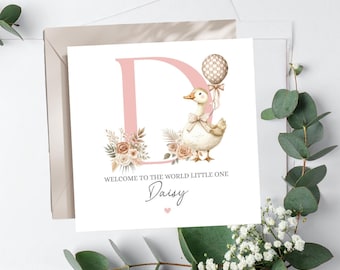 Personalised New Baby Baby Card Silly Goose, Welcome to the World Pink Silly Goose Card- Personalised Newborn Card