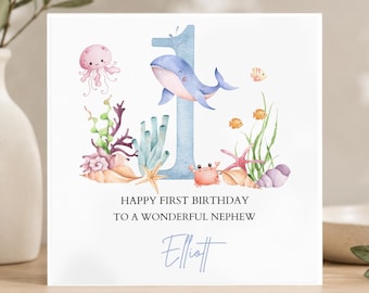 Personalised First Birthday Card Under the Sea Animals| Child birthday Ocean card| Sea Life 1st,2nd,3rd Birthday Card for Boy, Son, Grandson