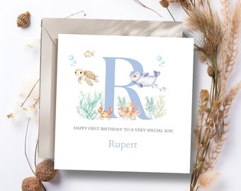 Personalised First Birthday Card Under the Sea Animals| Child birthday Ocean card| 1st, 2nd, 3rd Birthday Card for Boy, Son, Grandson