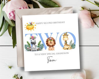 Gepersonaliseerde verjaardagskaart voor de tweede verjaardag met safari-dieren | Blauwe verjaardagskaart met dieren | Verjaardagskaart voor een jongen | Verjaardagskaart voor de tweede verjaardag van een zoon of kleinzoon