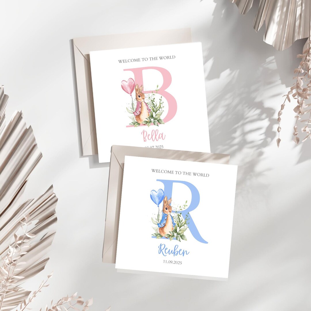 Personalised Flopsy Rabbit New Baby Card, Personalised New Baby Girl ...