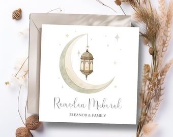 Personligt Ramadan Mubarak-kort, Ramadankort för familjen, Eid-kort, islamiska kort, Eid-present, lykta- och månedesign