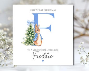 Personalised Peter Rabbit Christmas Card, 1st Christmas Card, Name Initial Card, Peter Rabbit Card for Son, Grandson, Nephew, Any Relation