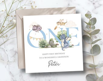 Tarjeta de primer cumpleaños personalizada con dragones / Tarjeta de cumpleaños azul con dragón para hijo / Tarjeta de primer cumpleaños para niño, nieto, sobrino o cualquier pariente.